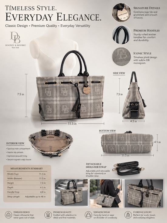 Dooney & Bourke Handbags - Dooney & Bourke Gray Plaid Tote with Black Handles and Gold Accents